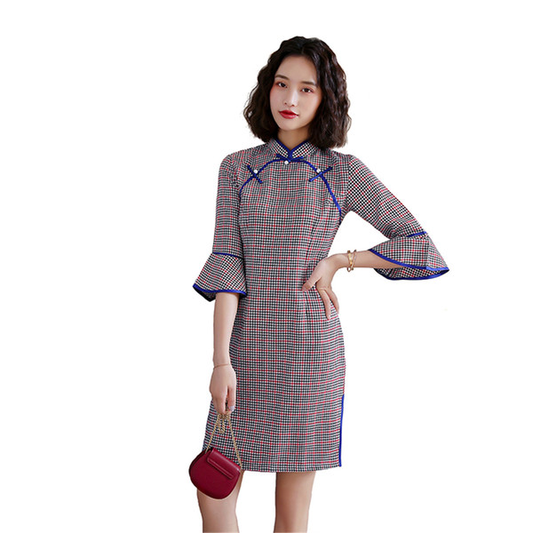 Shanghai Story flare Sleeve Chinese Traditional Dress Faux Silk Lattice Cheongsam Knee Length Plaid Qipao