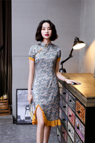 Shanghai Story Short Sleeve Chinese Dress Faux Silk Cheongsam Knee Length Fashion Qipao with Lining