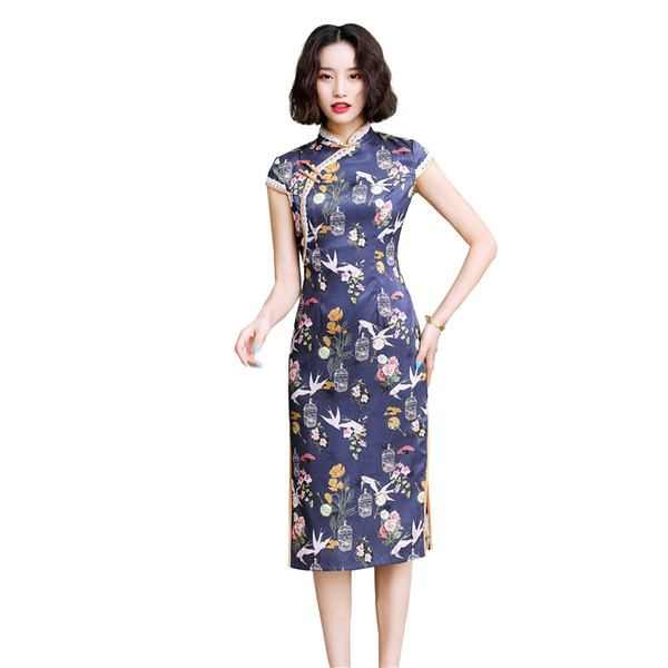 Shanghai Story Short Sleeve Chinese Dress Faux Silk Cheongsam Knee Length Vintage Qipao with Lining 3 Color M-3XL