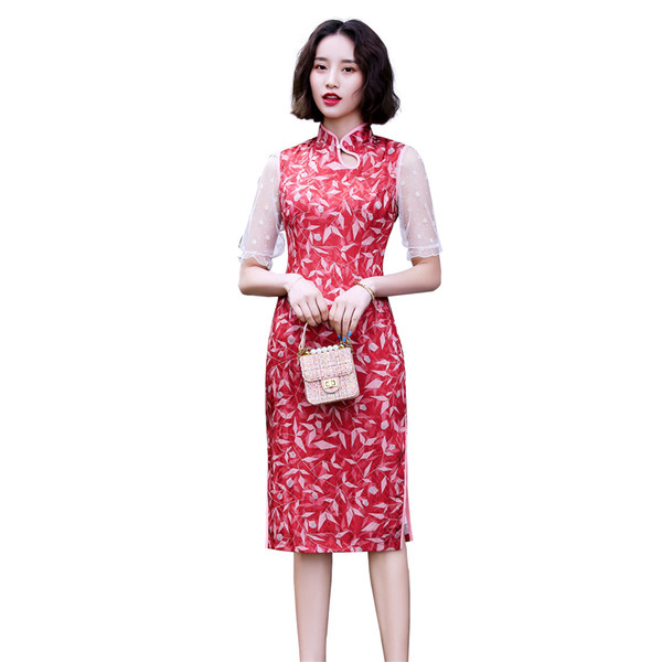 Shanghai Story Lace Sleeve Chinese Dress Faux Silk Cheongsam Knee Length Keyhole Qipao with Lining