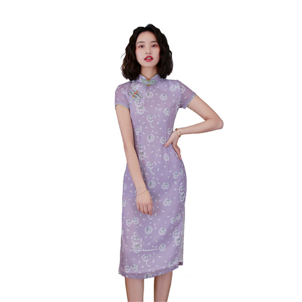 Shanghai Story Short Sleeve Chinese Dress Faux Silk Cheongsam Knee Length Chiffon Qipao with Lining