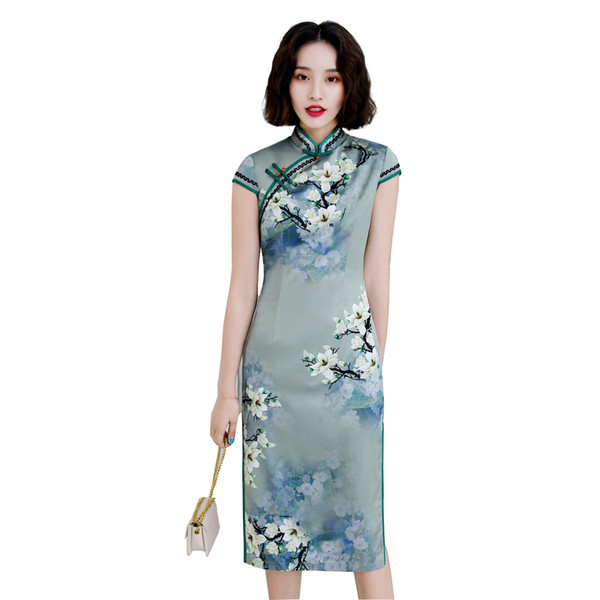 Shanghai Story Short Sleeve Chinese Traditional Dress Faux Silk Cheongsam Knee Length Floral Qipao with Lining Blue