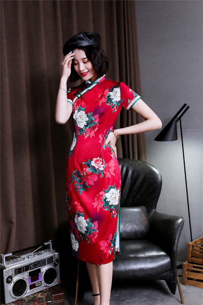 Shanghai Story Short Sleeve Chinese Traditional Dress Faux Silk Cheongsam Knee Length Floral Qipao with Lining