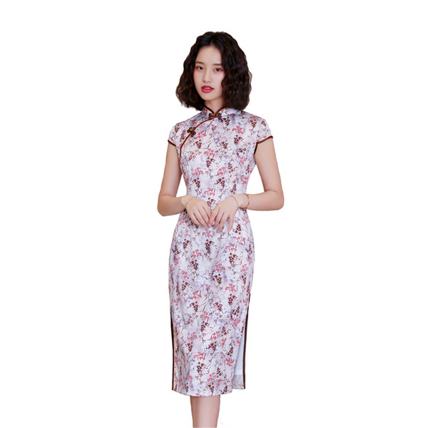 Shanghai Story Short Sleeve Chinese Style Dress Faux Silk Cheongsam Knee Length Qipao with Lining