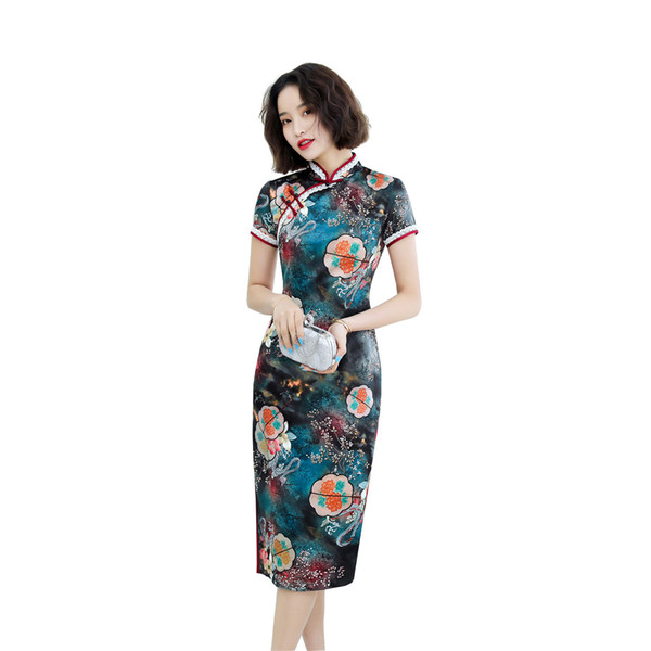 Shanghai Story 2022Short Sleeve Chinese Traditional Dress Faux Silk Cheongsam Knee Length Qipao with Lining