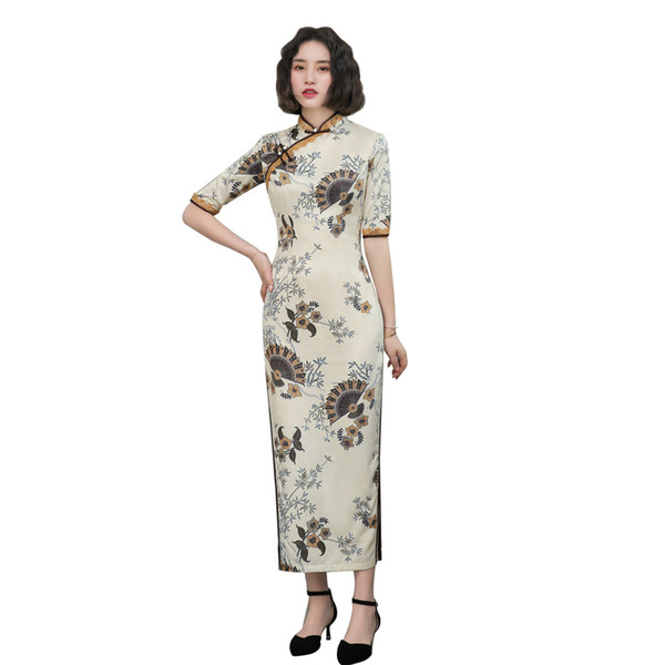 Shanghai Story Half Sleeve Chinese Traditional Dress High Split Cheongsam Long Qipao for Spring Summer Beige