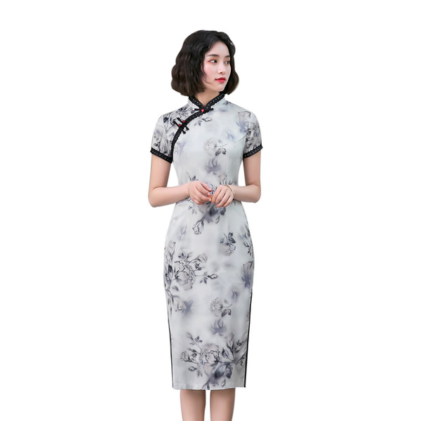 Shanghai Story Short Sleeve Chinese Traditional Dress High Split Cheongsam Knee Length Qipao for Spring Summer