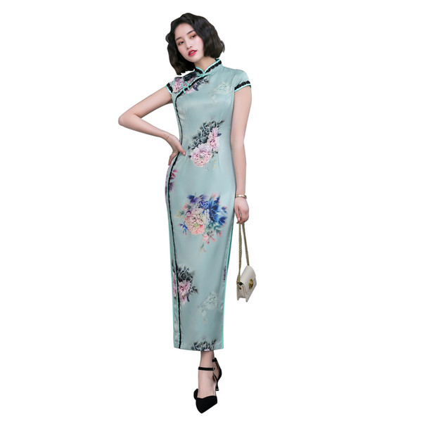 Shanghai Story Short Sleeve Chinese Women's Dress High Split Cheongsam Long Qipao For Spring Summer Green