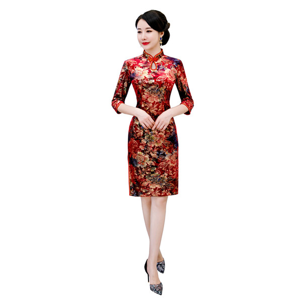 Shanghai Story 2022New Sale Cheongsam 3/4 Sleeve Knee Length Velvet Chinese Qipao Dress For Autumn Winter