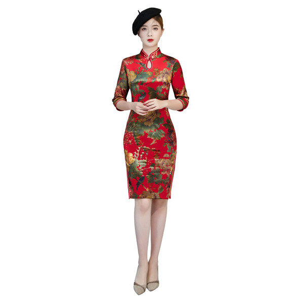 Shanghai Story Keyhole Cheongsam 3/4 Sleeve Velvet Knee Length Qipao Dress 2 Color