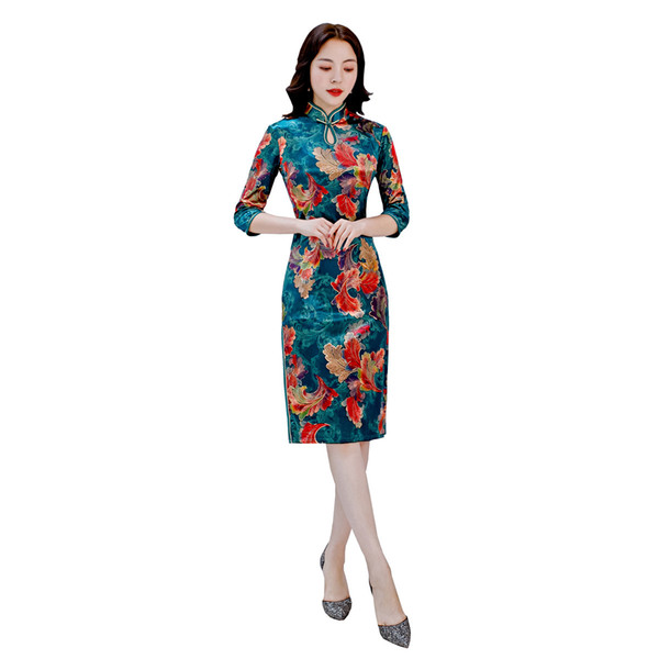 Shanghai Story 2022Autumn Winter Chinese Qipao 3/4 Sleeve Knee Length Velvet Cheongsam Dress 2 Color