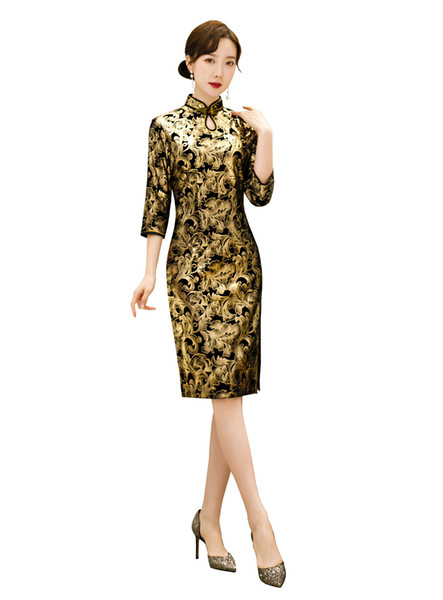 Shanghai Story Chinese Qipao 3/4 Sleeve Knee Length Velvet Cheongsam Dress 4 Style