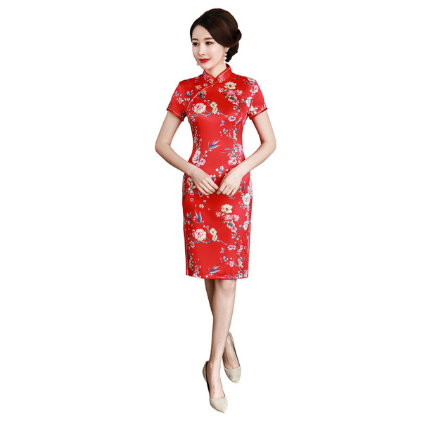 Shanghai Story Short Sleeve Cheongam Flower Print Qipao Faux Silk Chinese Dresses