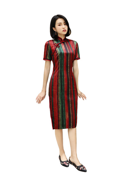 Shanghai Story Red Chinese Cheongsam Dress Knee Length National Trend Striped Qipao Dress For Women