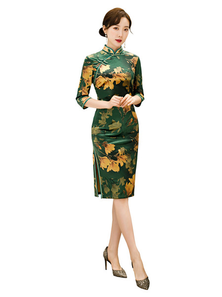 Shanghai Story 2022Autumn Winter Chinese Flower Print Qipao 3/4 Sleeve Knee Length Velvet Cheongsam Dress 3 Color