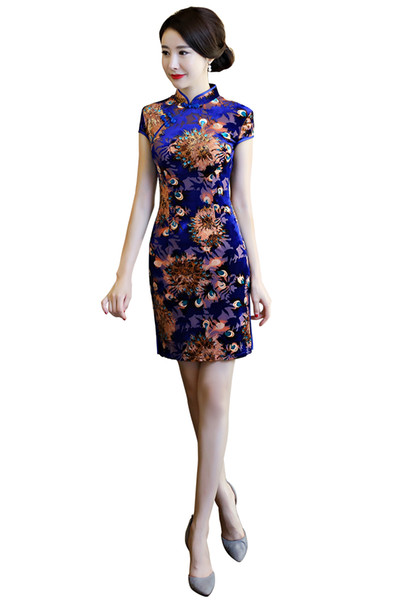 Shanghai Story Short Qipao Blue Chinese Dress 3D Flower Print chinese style dress Chinese Oriental dress Vintage cheongsam