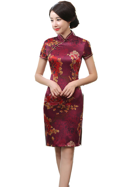 Shanghai Story 2022New Sale Faux Silk Knee Length Cheongsam Dress Floral Qipao Chinese Oriental Dress For Chinese Women's Dress