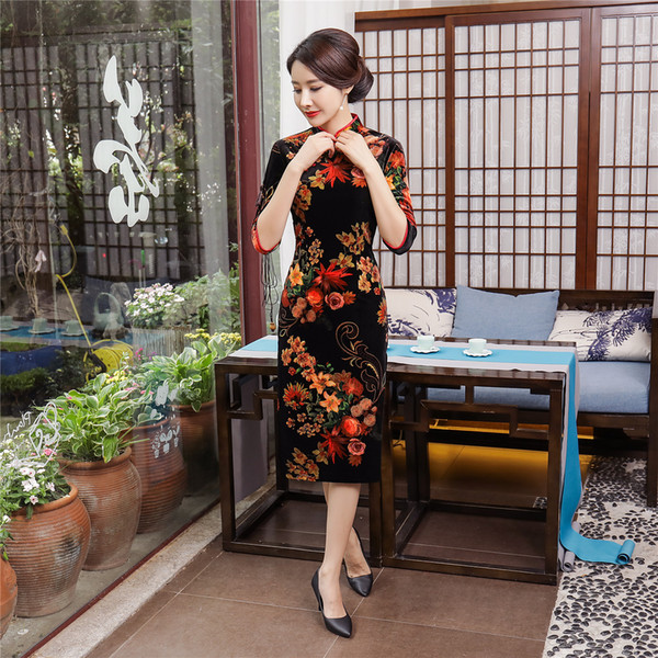 Shanghai Story Chinese Style Dress Autumn Qipao Chinese traditional dress 3/4 Sleeve Velvet Cheongsam dress for Women