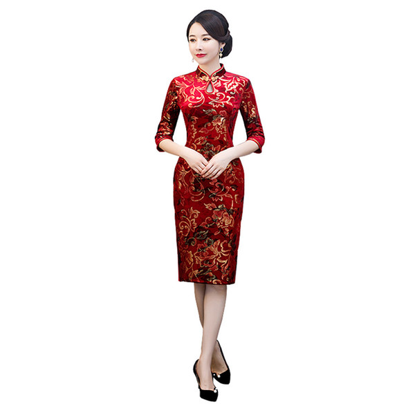 Shanghai Story Keyhole Floral Cheongsam Half Sleeve Velvet Qipao Chinese Dress 3 Color