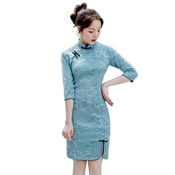 Shanghai Story Knee Length Fashion Cheongsam 3/4 Sleeve Velvet Chinese Qipao Dress