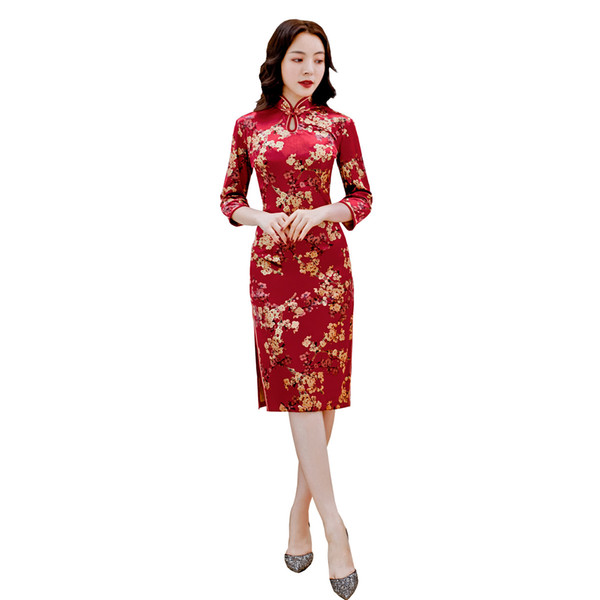 Shanghai Story Chinese Qipao 3/4 Sleeve Knee Length Velvet Cheongsam Dress Red