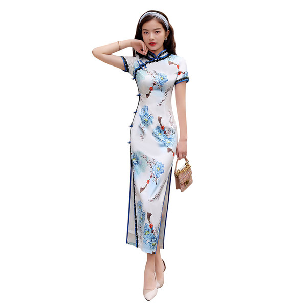 Shanghai Story Short Sleeve Chinese Traditional Dress Long Qipao Dress Floral Cheongsam