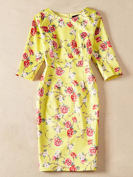 Floral Flower Print Women Sheath Dress Round Neck Mini Yellow Dress