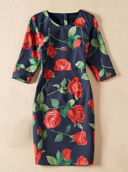 Rose Floral Flower Print Women Sheath Dress Round Neck Mini Party Dress