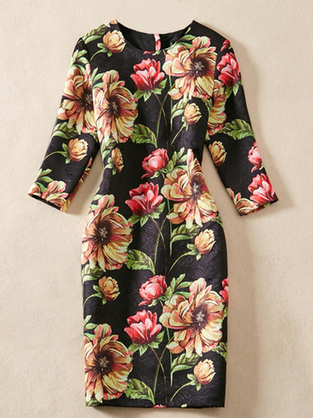 Floral Women Sheath Jacquard Dress Round Neck 3/4 Sleeve Mini Party Dresses