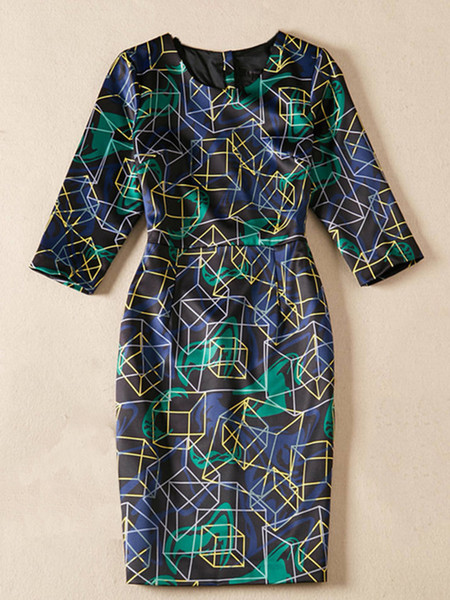 Geometric Print Women Sheath Dress Round Neck 3/4 Sleeve Casual Dresses