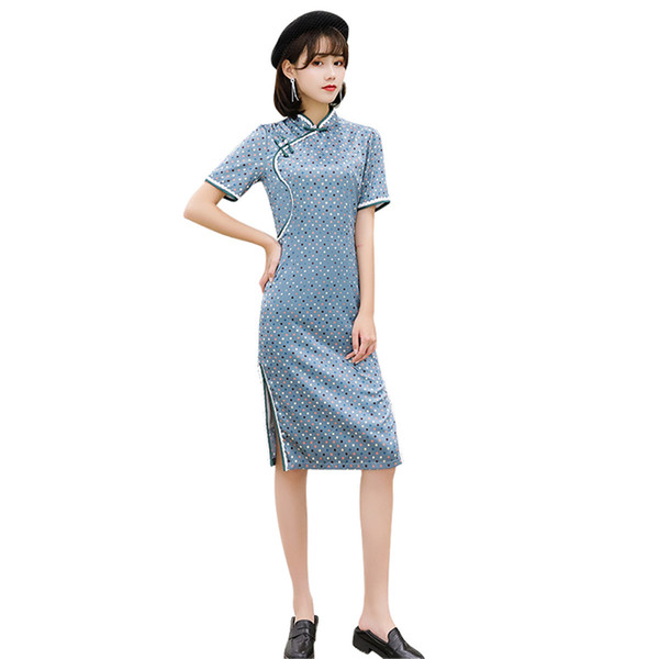 Shanghai Story Short Sleeve Faux Silk Qipao Chinese Dress Dot Print Cheongsam Chinese Women's Dress