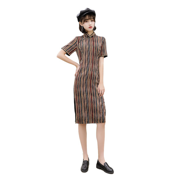 Shanghai Story Fashion Short Sleeve Vertical Stripes Qipao Chinese Dress Knee Length Cheongsam Chinese Women's Dress