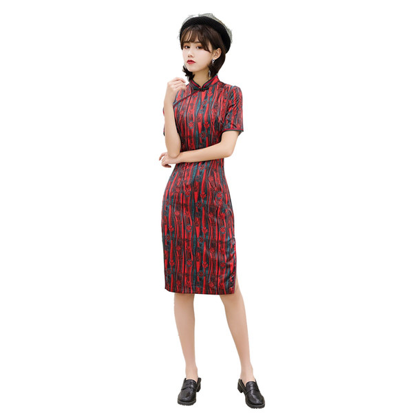 Shanghai Story Short Sleeve Vertical Stripes Qipao Chinese Dress Knee Length Floral Cheongsam Chinese Women's Dress 2 Color