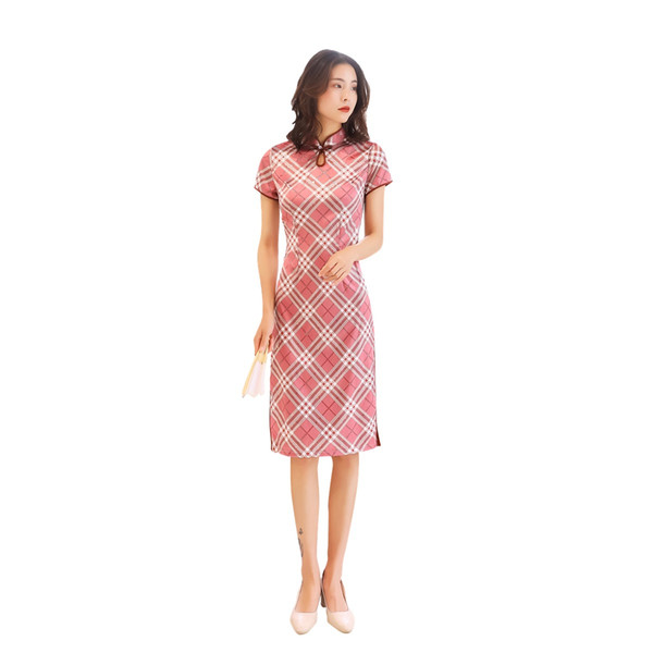 Shanghai Story Short Sleeve Faux Silk Qipao Chinese Dress Check Print Cheongsam Chinese Women's Dress