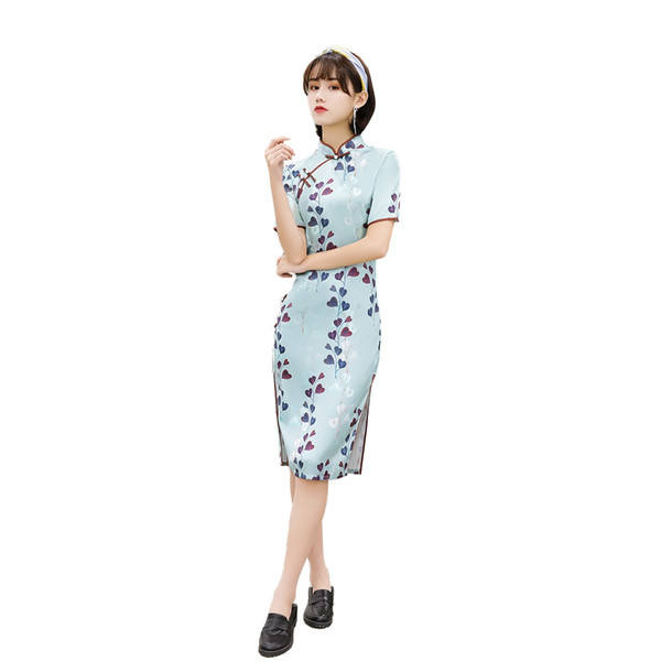 Shanghai Story Chinese Traditional Clothing Leaves Print Qipao Dress Ladies Knee Length Cheongsam with Lining