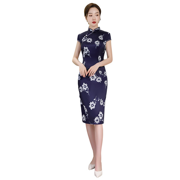 Shanghai Story Short Sleeve Floral Qipao Chinese Dress Faux Silk Cheongsam Party Dress with Lining Navy Blue