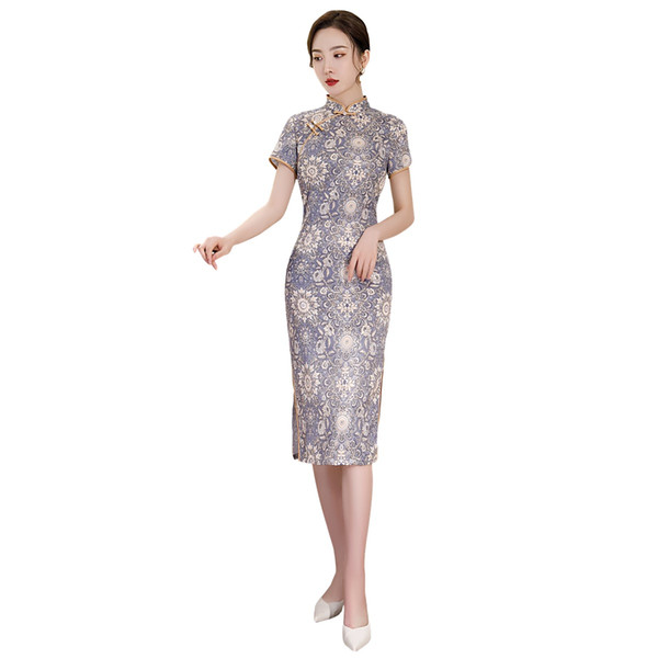 Shanghai Story Short Sleeve Qipao Chinese Dress Faux Silk Cheongsam Party Dress Light Purple with Lining