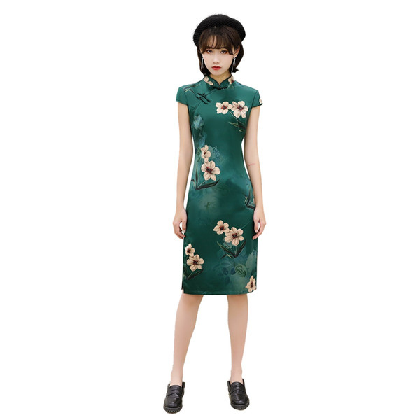 Shanghai Story Faux Silk Short Sleeve Floral Cheongsam Qipao Chinese Traditional Dress with Lining