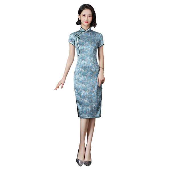 Shanghai Story Short Sleeve Qipao Chinese Dress Faux Silk Cheongsam Party Dress