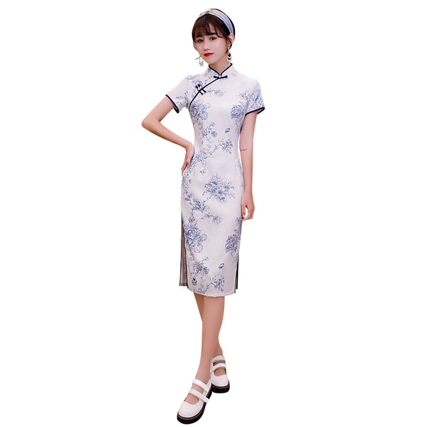 Shanghai Story Blue and White Porcelain Qipao Knee Length Cheongsam Chinese Dress for Women