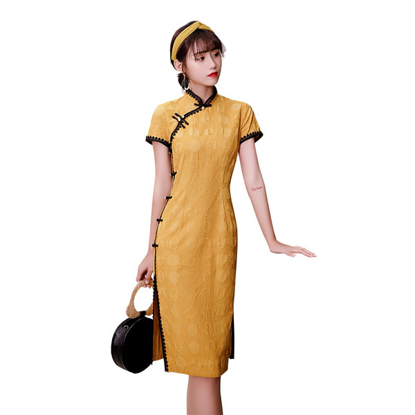 Shanghai Story Yellow Qipao Knee Length Cheongsam Chinese Style Dress for Women