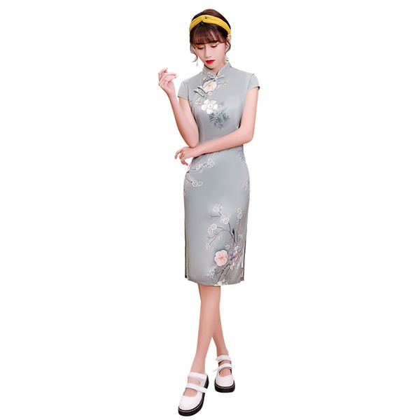 Shanghai Story Chinese Style Dress China Qipao Dress Ladies Knee Length Cheongsam with Lining Grey