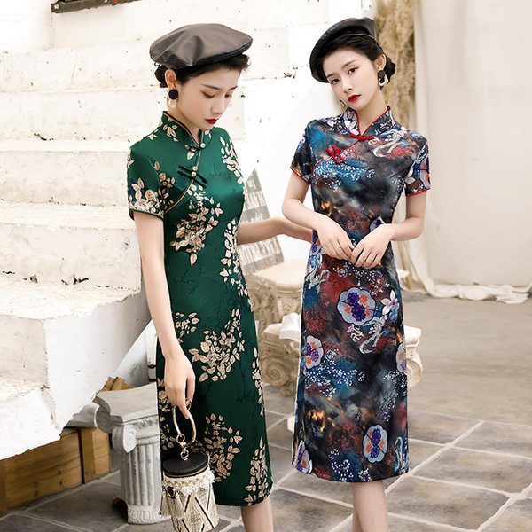 Shanghai Story Faux Silk Knee Length Floral Cheongsam Flower Print Qipao Chinese Traditional Dress 2 Color