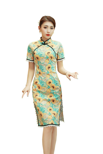 Shanghai Story Yellow Flowers Print Cheongsam Chinese Qipao Dress