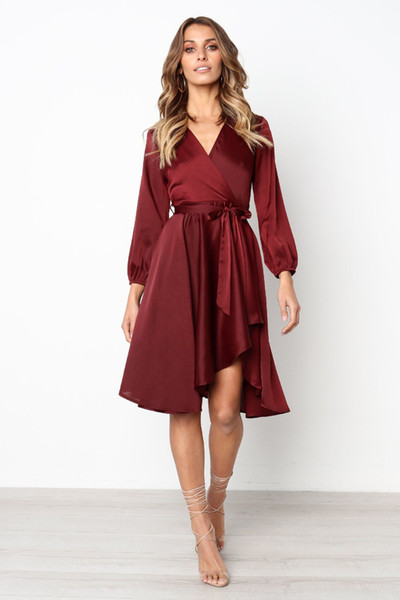 Maikun New Brand Irregular Long Sleeved Pure Color V Collar Red Dresses for Women 4 Sizes