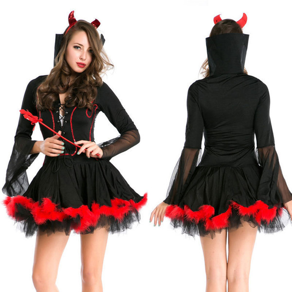 Maikun Brand New Sexy Witch Costume Demon Dress for Female Bar Sleeve Halloween Black Dress for Women