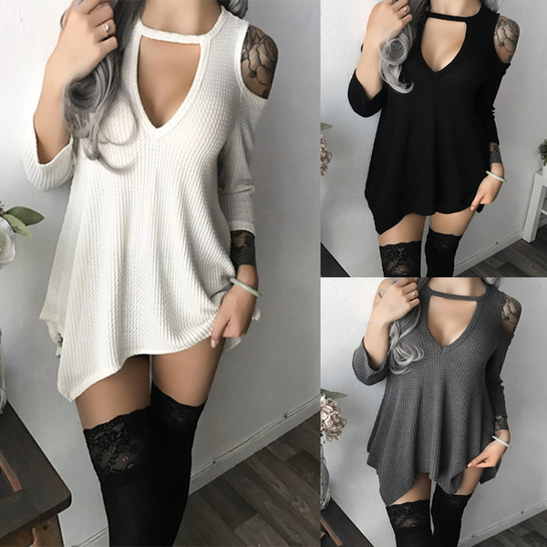 Maikun Brand New Round Collar Deep V Off Shoulder Irregular Hem Casual Sweater Dress for Women