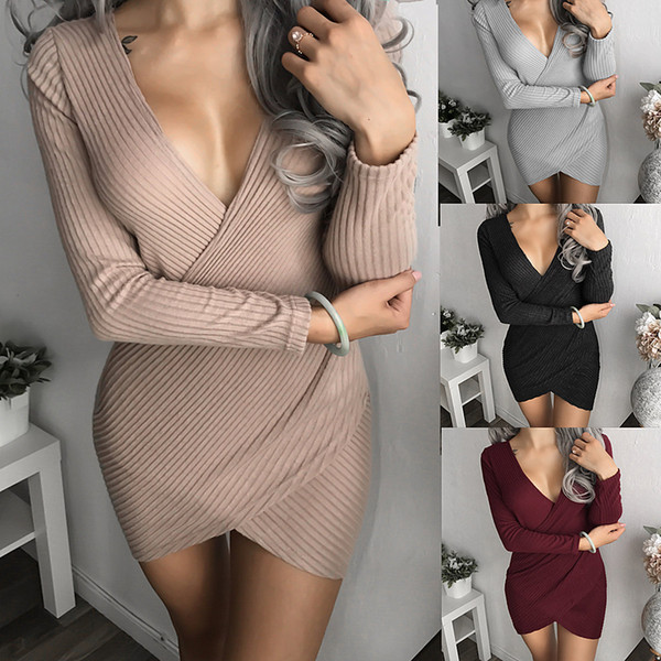 Maikun Brand New Deep V-neck Cross Dress for Women Fashion Brief Irregulai Hem Long Sweater Dress