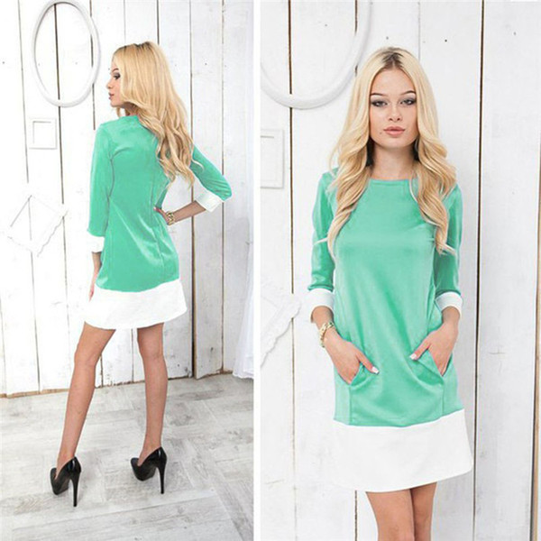Maikun Brand New Women Fashion Leisure Color Matching Round Collar Long Sleeve Short Dress 4 Sizes