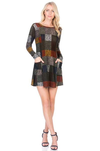 Maikun New Brand Crew Neck Pocket Long Sleeve Retro Dress For Women 4 Colors 4 Sizes